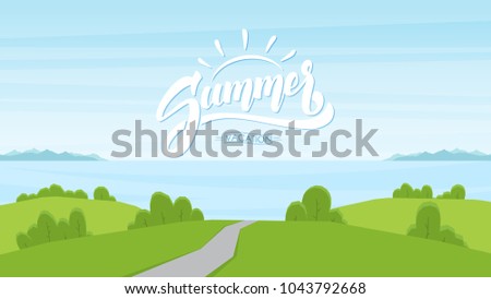 Vector illustration: Cartoon road landscape with handwritten lettering of Summer Vacation.
