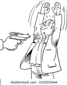 Vector illustration of a cartoon robber with a gun robbing a man. Concept of robbery.