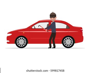 Vector illustration of a cartoon robber steals a car. Isolated white background. Flat design. Thief theft automobile. 