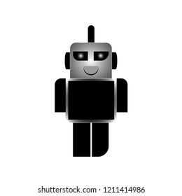 vector illustration of a cartoon robot in black and white that smiles with mouth and eyes on a white background.