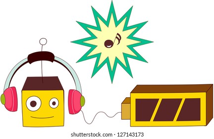A vector illustration of a cartoon robot character listening to music