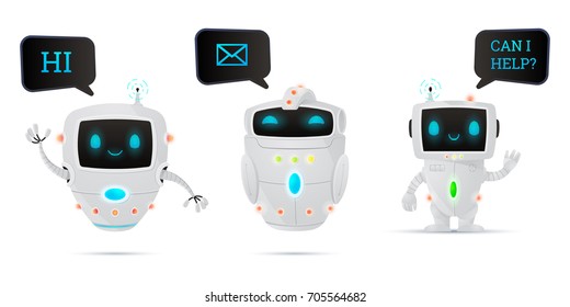 Vector Illustration, Cartoon Robot Characters Set. Friendly Chatbot, Mail Robot And Helper.