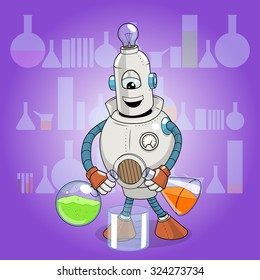 Vector illustration cartoon robot makes science experiment, cartoon, robot, machine, colorful
