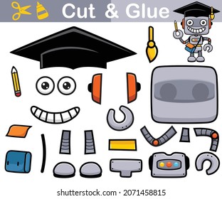 Vector illustration of cartoon robot wearing graduate hat holding pencil and carrying bag. Cutout and gluing