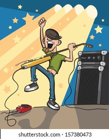 Vector illustration of Cartoon rock guitarist on stage. Easy-edit layered vector EPS10 file scalable to any size without quality loss. High resolution raster JPG file is included.