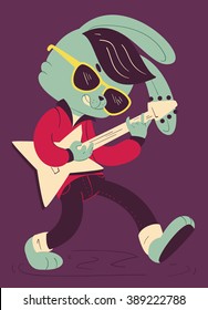 Vector illustration of a cartoon rockabilly bunny with sunglasses playing an electric guitar.