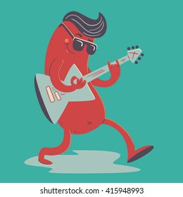 Vector illustration of a cartoon rockabilly sausage, playing an electric guitar. 