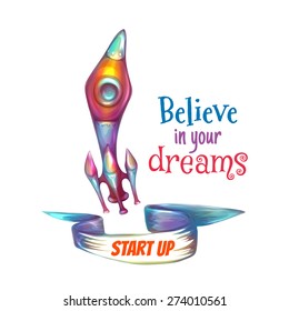 Vector illustration of cartoon rocket with text.