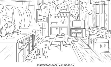 Vector illustration, cartoon room interior, book coloring.