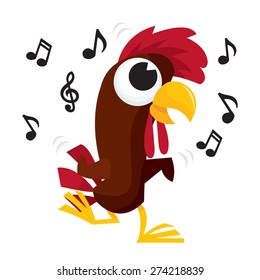 A vector illustration of a cartoon rooster chicken doing a chicken dance to some music.