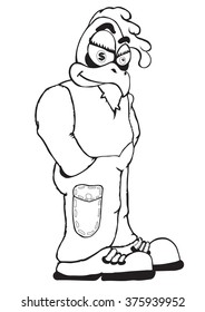 Vector illustration of cartoon rooster in a vest and jeans.  loop Image