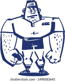 The vector illustration of a cartoon rugby player with a rugby ball 