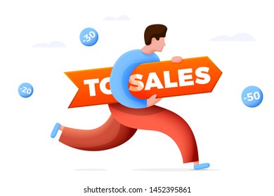 Vector illustration - cartoon running man with sales banner, isolated on white background. Arrow in hands and discounts around.