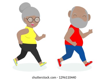 Vector Illustration of cartoon running old woman, man. Cartoon character. Old people activity. Vector gym or outdoor healthy lifestyle. Sport adult old people exercising 