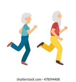 Vector illustration with cartoon running old woman, man. Cartoon character. Old people activity. Vector gym or outdoor healthy lifestyle. Sport adult old people. Cartoon active old people background