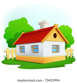 Vector illustration. Cartoon rural house with among trees and fence
