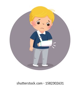 Vector illustration of cartoon sad boy looking at his broken arm in cast. Health Problems concept.