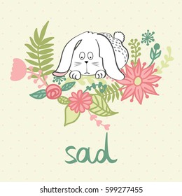 vector illustration of a cartoon sad bunny.
