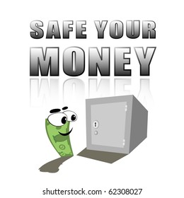 Vector illustration of cartoon safe and funny dollar