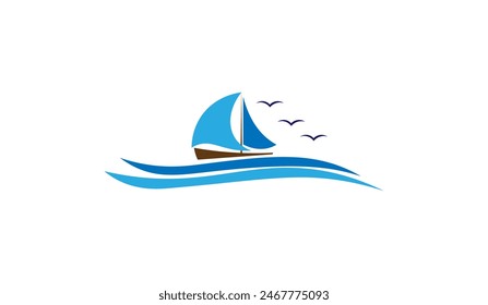 Vector illustration of a cartoon sailboat on a skyline with migratory birds