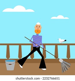 vector illustration of a cartoon sailor washing the floor