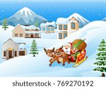 Vector illustration of Cartoon santa claus with elf riding on a sleigh with bag of gifts pulled by reindeer