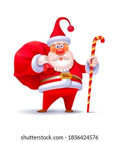 Vector illustration of cartoon Santa Claus holding his big bag filled with Christmas gifts.