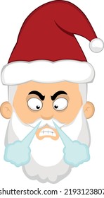 Vector illustration of a cartoon santa claus face with an angry expression and fuming by the nose