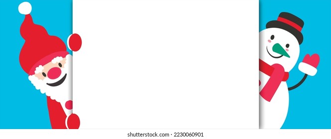 Vector illustration of cartoon Santa Claus and Snowman character with white copy space.