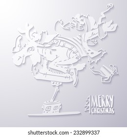 Vector illustration of cartoon santa claus jumping. Decorative element or your xmas design. Paper applique with shadow. Merry christmas lettering. 