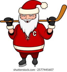 Vector illustration of a cartoon Santa Claus in an ice hockey uniform, holding a hockey stick, smiling to show missing teeth.