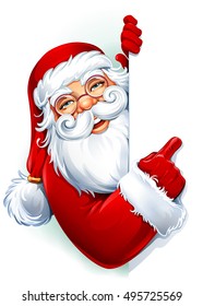 Vector illustration of cartoon Santa Claus character showing a blank sign. You can easily adjust size and color of copy space.