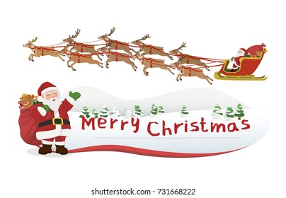 Vector Illustration Cartoon : Santa Claus carrying gift bag waving merry christmas greetings and and Santa on sleigh and reindeers procession of nine in legendary. isolated on white background.