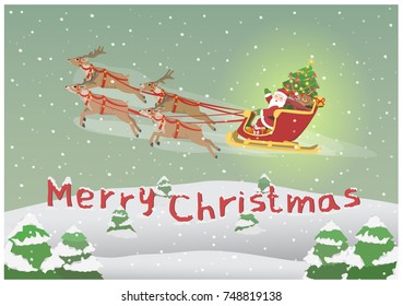 Vector Illustration Cartoon : Santa Claus waving merry christmas greetings and Happy new year on sleigh and reindeers procession at gift bag truck. in a snowy atmosphere.