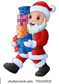 Vector illustration of Cartoon santa claus holding pile of gift boxes