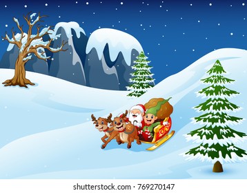 Vector illustration of Cartoon santa claus with elf riding on a sleigh with bag of gifts pulled by reindeer