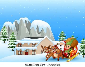 Vector illustration of Cartoon santa claus with elf riding on a sleigh with bag of gifts