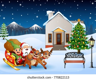 Vector illustration of Cartoon santa claus with elf riding on a sleigh with bag of gifts