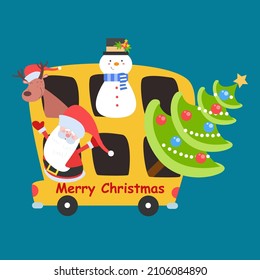 Vector illustration of Cartoon Santa with his friends riding the bus