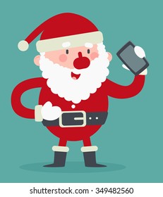 Vector Illustration Of A Cartoon Santa Holding A Cell Phone.