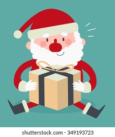 Vector illustration of a cartoon santa sitting and holding a wrapped present.