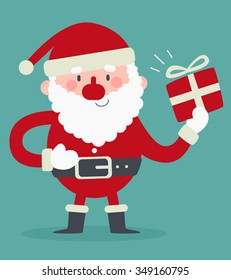 Vector illustration of a cartoon santa standing and holding a wrapped present.