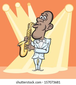Vector illustration of Cartoon saxophone player. Easy-edit layered vector EPS10 file scalable to any size without quality loss. High resolution raster JPG file is included.