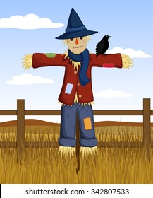 Vector illustration of a cartoon scarecrow and an autumn country background.