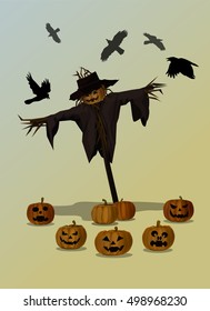 Vector Illustration and Cartoon Scarecrow Head Pumpkin Jack o Lantern Halloween and the flock of crows flying around. on Dark background. 