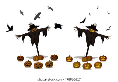 Vector Illustration and Cartoon : Scarecrow Head Pumpkin Jack o Lantern Halloween Day and Night isolated on white background.