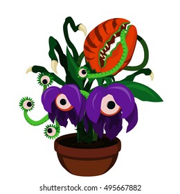 Vector illustration of cartoon scary monster plants in flower pot. Predator plants.