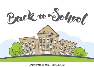 Vector illustration: Cartoon scene with doodle school building and handwritten lettering