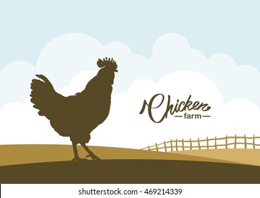 Vector illustration: Cartoon scene with Silhouette  of Cock on background of farm field.