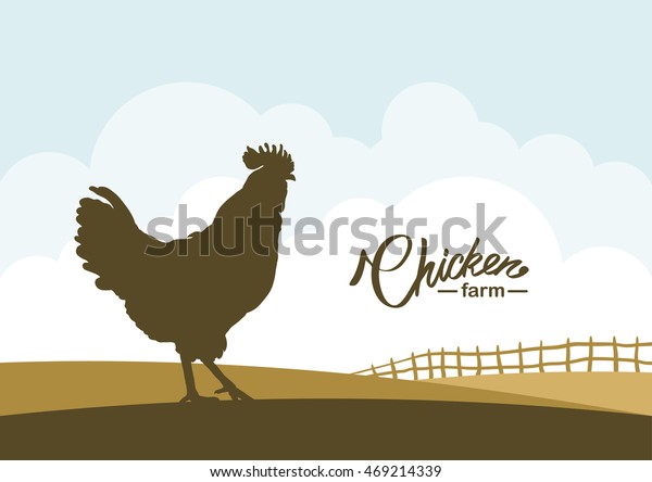 ベクターイラスト 農場の背景に鶏のシルエットを持つ漫画のシーン のベクター画像素材 ロイヤリティフリー